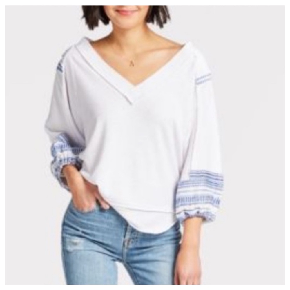 We The Free White Bubble Sleeve Waffle Knit Top